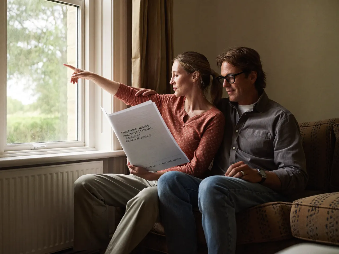 Couple reviewing double glazing quote paperwork at home