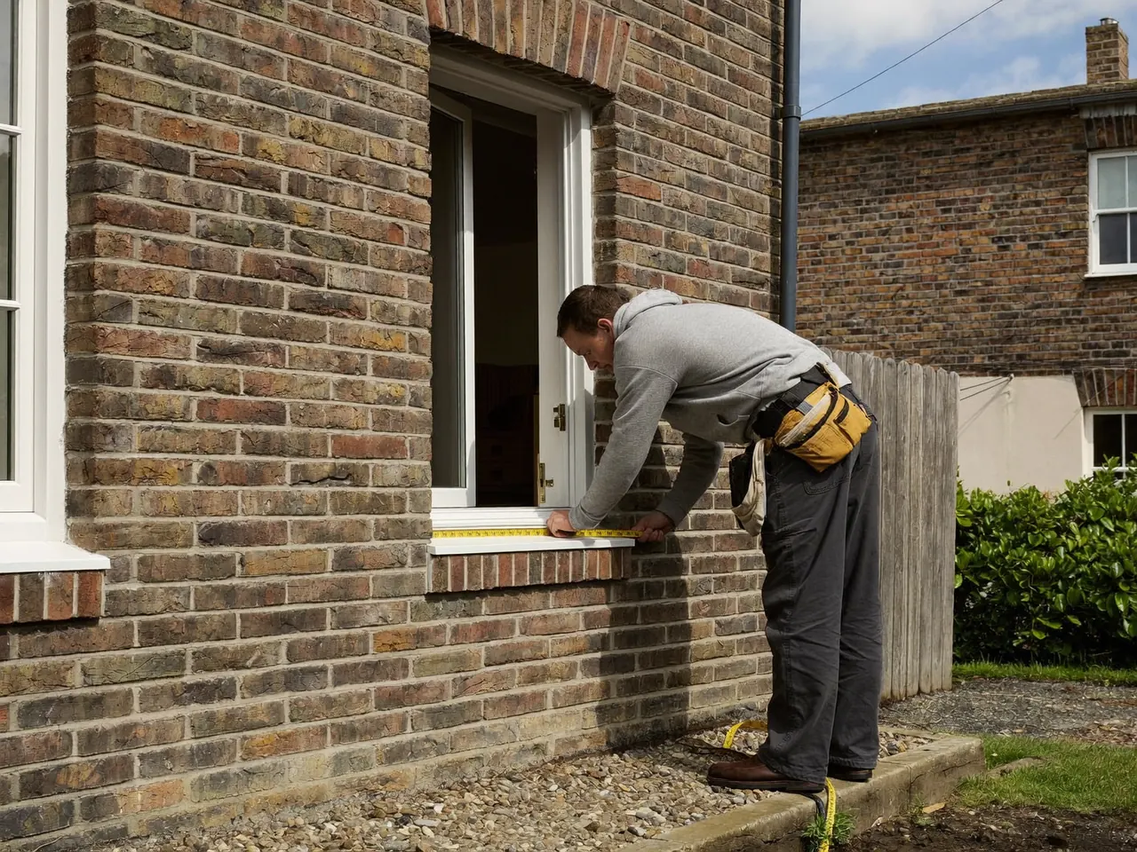 Fitter measuring a window during a home survey