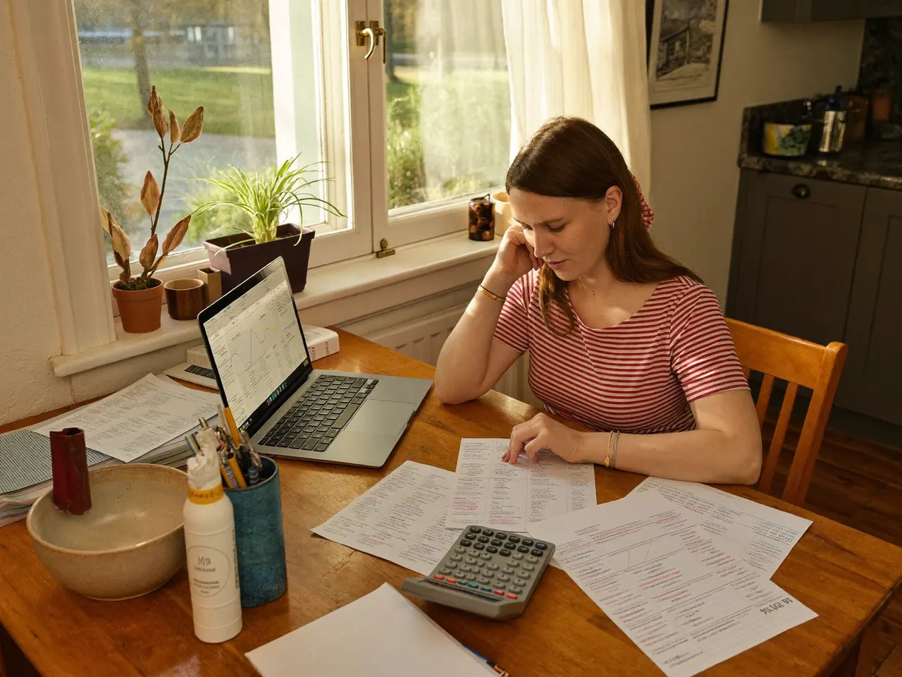Homeowner comparing window quotes at a kitchen table